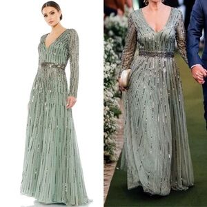 Mac Duggal Sequined V neck illusion sleeve A line GOWN